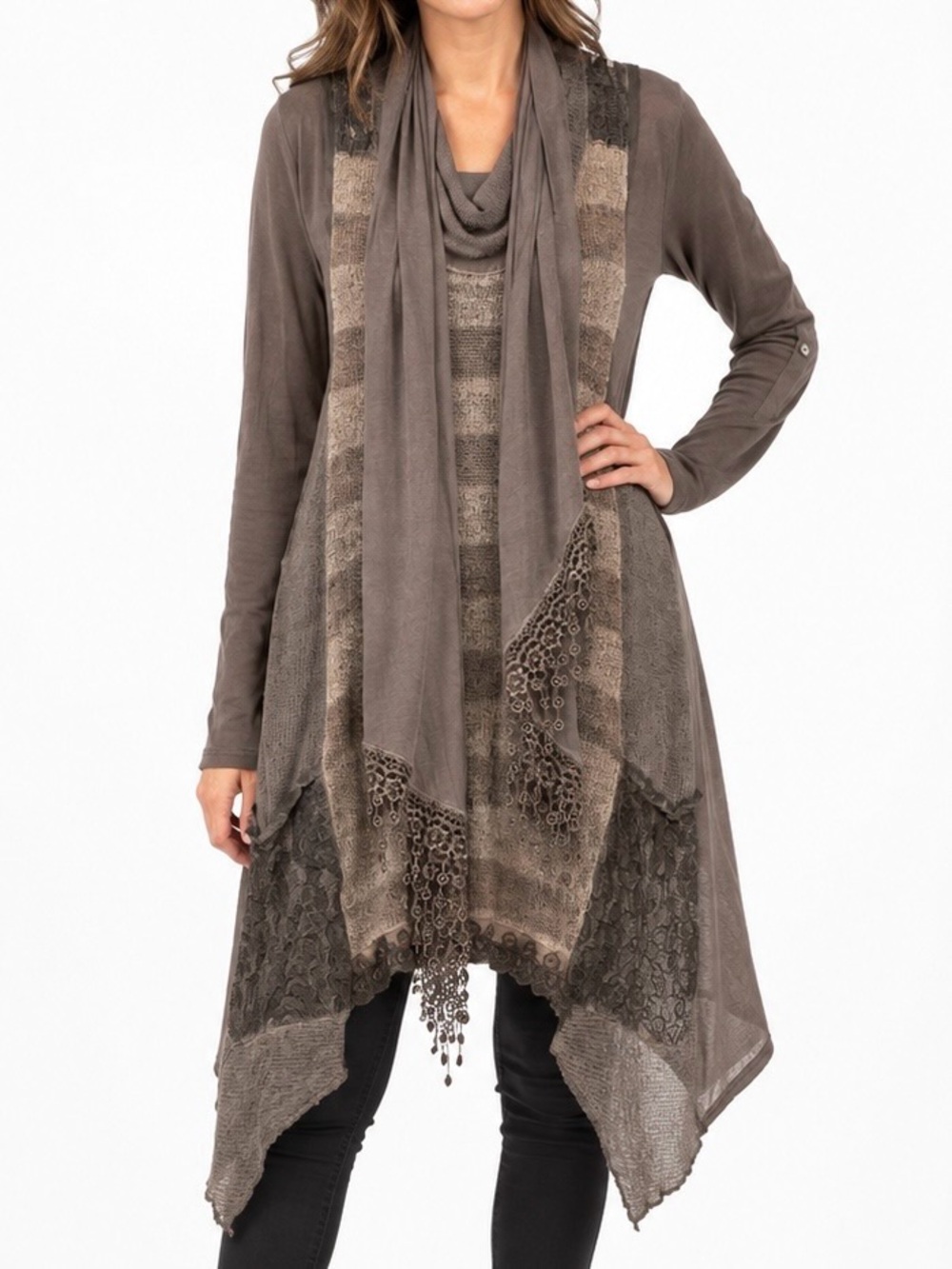 Fantazia L Brown Layered Knit Tunic Cardigan Lace Drape Boho Sweater